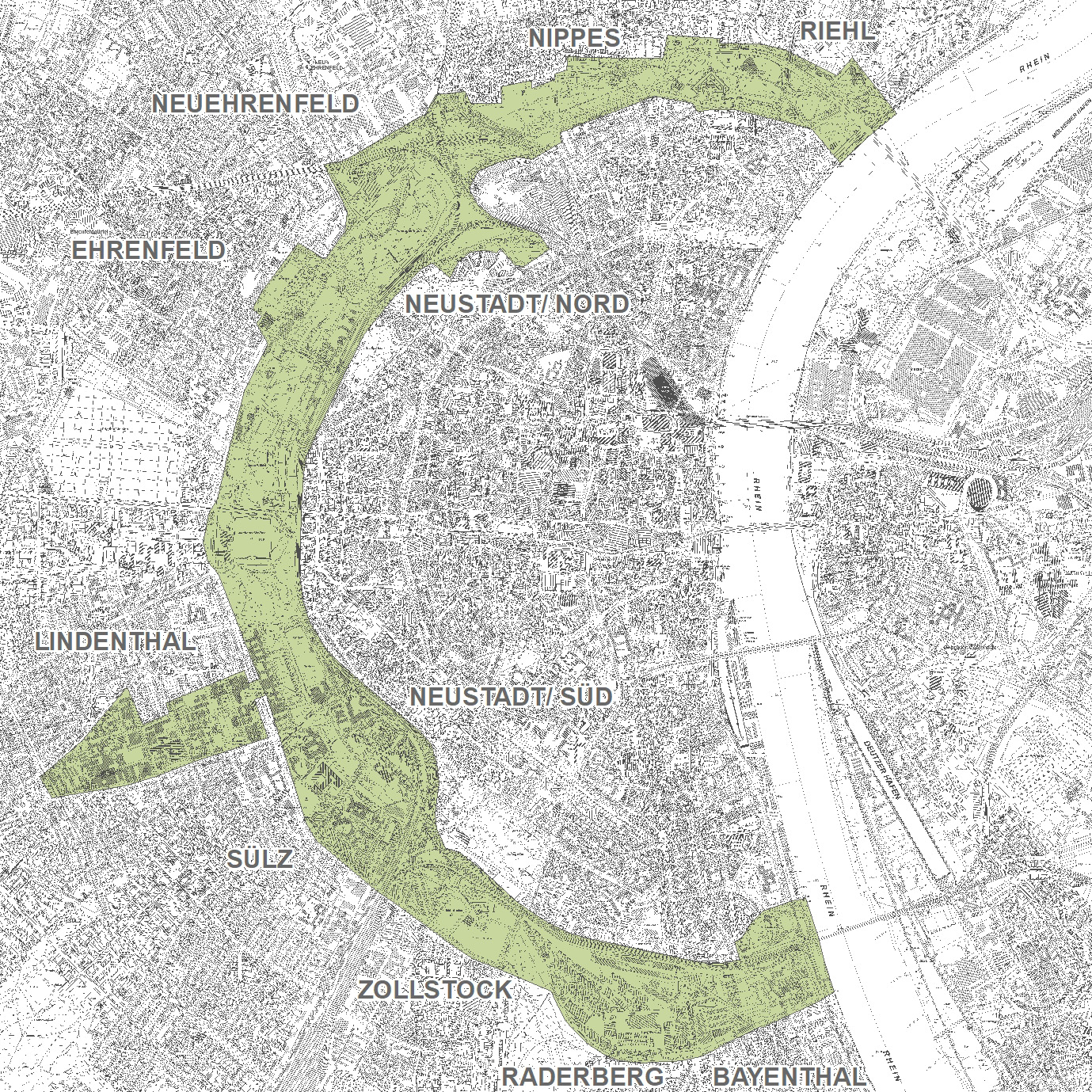 Übersicht mit den Kölner Stadtteilen und dem Grüngürtel Übersicht mit den Kölner Stadtteilen und dem Grüngürtel