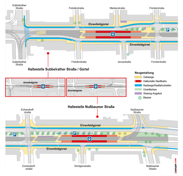 Zu sehen ist ein Lageplan der Haltestellen Subbelrather Straße/Gürtel und Nußbaumstraße
