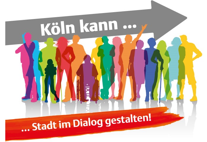 Köln kann - Stadt im Dialog gestalten Menschen mit Pfeil und Pinselstrich; Köln kann - Stadt im Dialog gestalten
