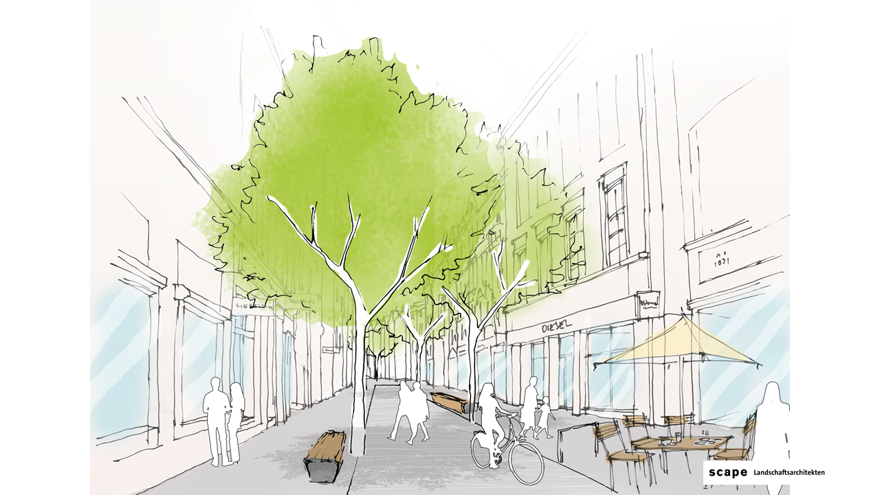 Perspektive der Fußgängerzone Hier sieht man eine gezeichnete Perspektive der Fußgängerzone auf der Ehrenstraße. Es gibt viele Bäume, ein paar Bänke, Geschäfte und Gastronomie mit Außenbereich.