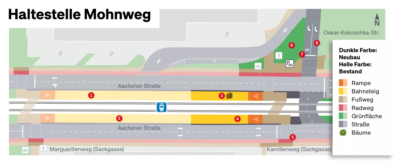 Technischer Plan der Haltestelle Mohnweg Der technische Plan zeigt die Haltestelle Mohnweg auf der Aachener Straße sowie die Einmündung zur Otto-Kokoschka-Straße aus der Vogelperspektive. Geplante Ausbaumaßnahmen sind mit Nummern versehen, die im Text erklärt werden.