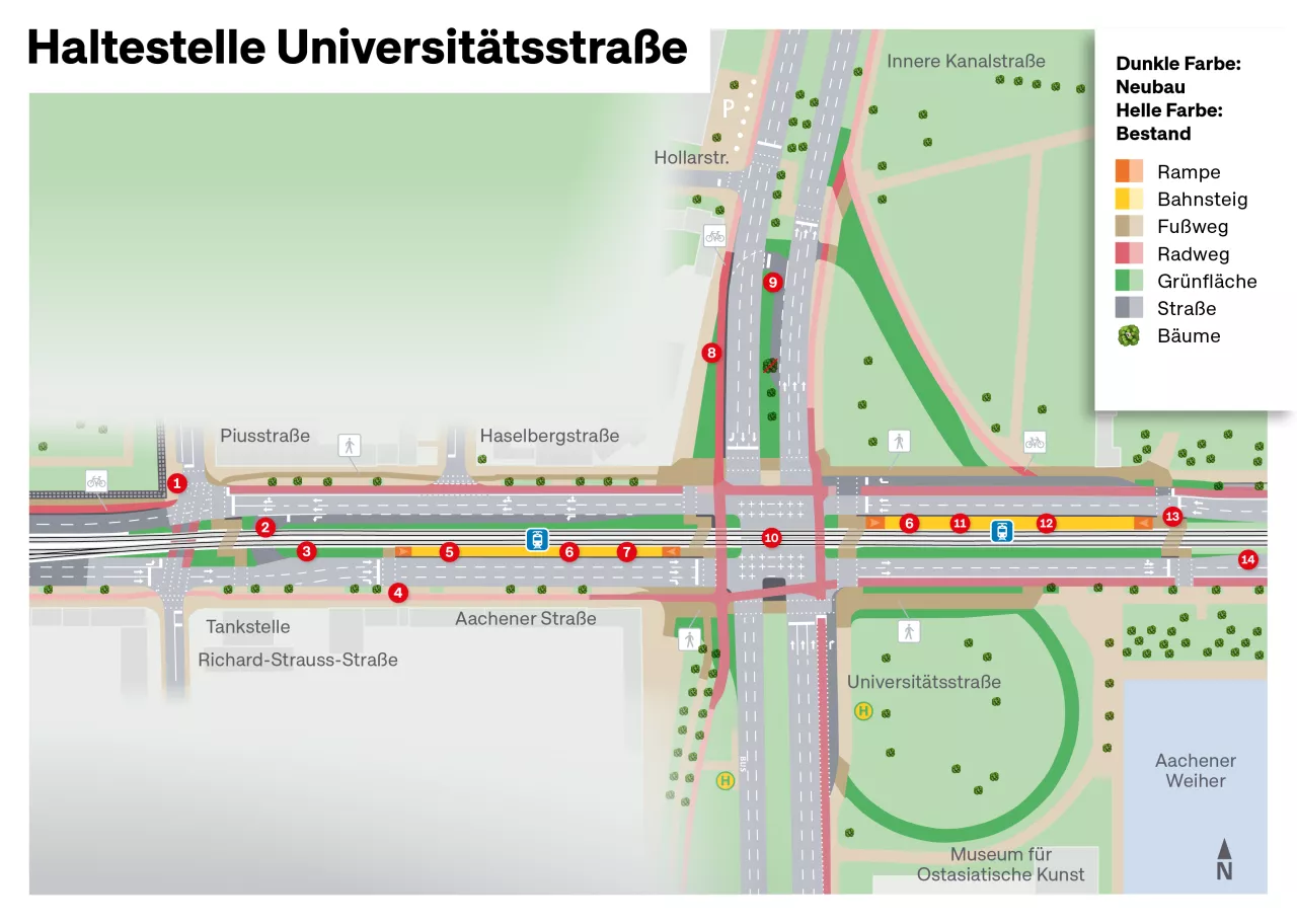 Technischer Plan der Haltestelle Universitätsstraße aus der Vogelperspektive Der technische Plan zeigt die Haltestelle Universitätsstraße an der Kreuzung Aachener Straße / Inneren Kanalstraße / Universitätsstraße aus der Vogelperspektive. Zudem sind ein Teil des Aachener Weihers sowie die Einmündungen der Pius- und Haselbergstraße zu sehen. Geplante Ausbaumaßnahmen sind mit Nummern versehen, die im Text erklärt werden.